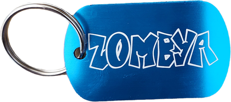 Porte clé bleu gravé (médaille métallique)