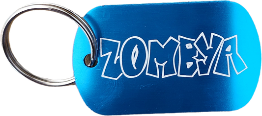 Porte clé bleu gravé (médaille métallique)